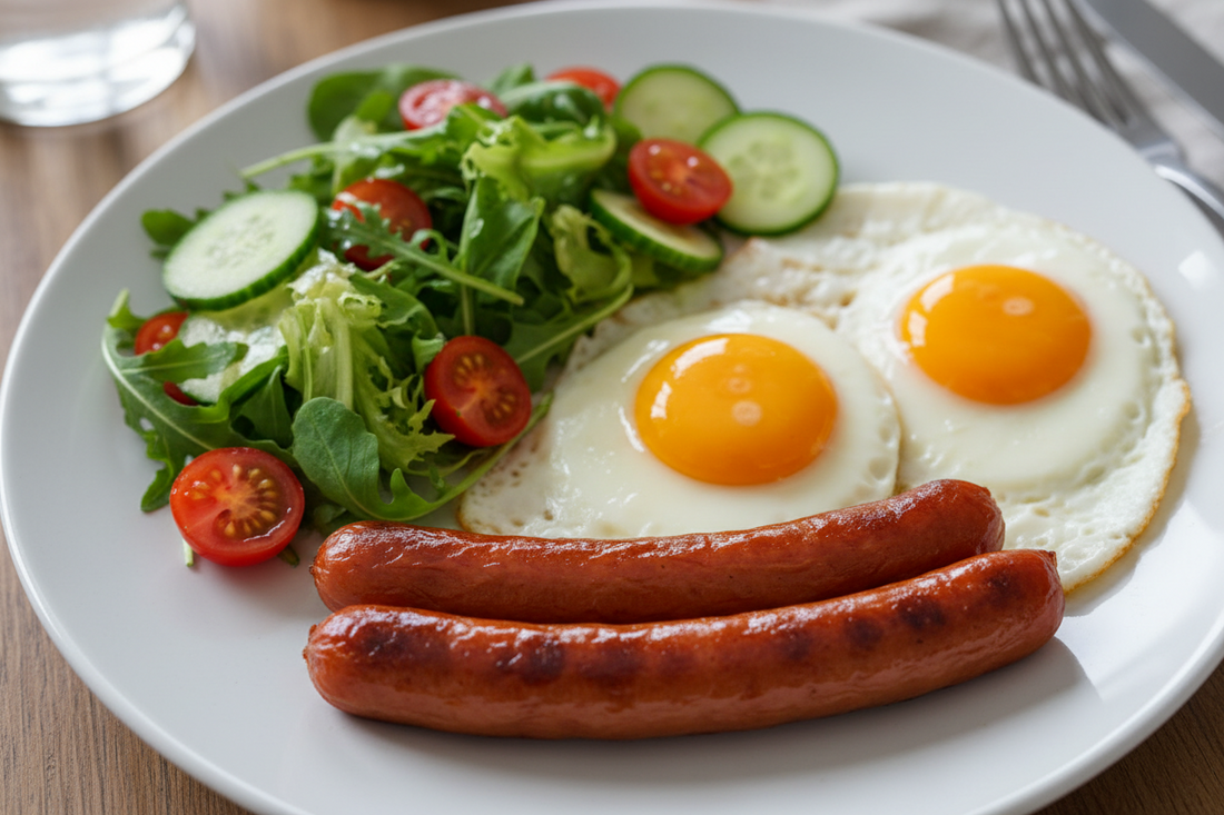 High-Protein GLP-1 Breakfast:Chicken Frankfurters with fried eggs