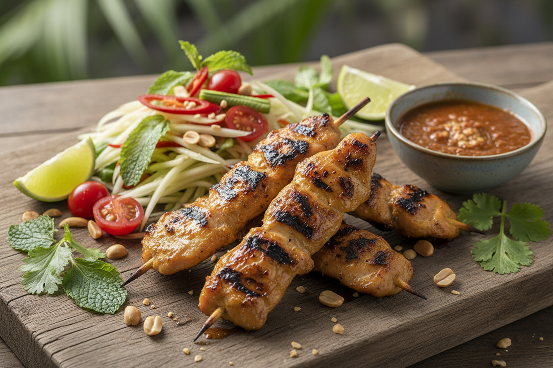 High-Protein GLP-1 Lunch:Thai-Style Chicken Skewers with Green Papaya Salad