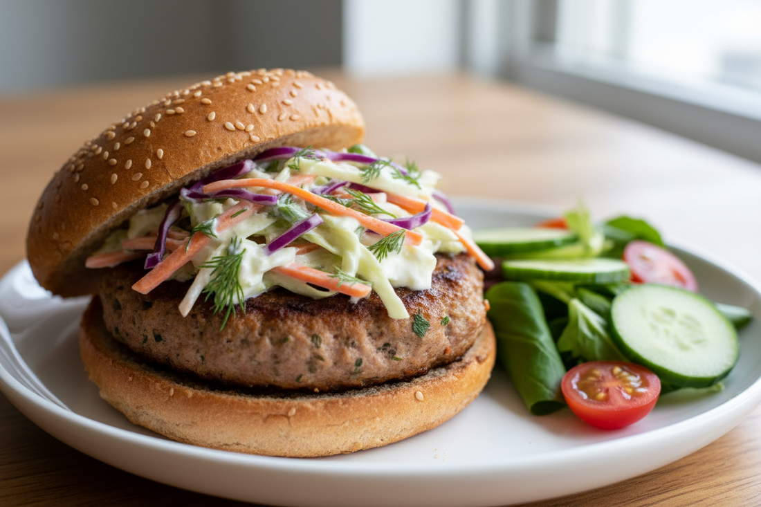 High-Protein GLP-1 Dinner:Turkey Burger with Greek yogurt slaw